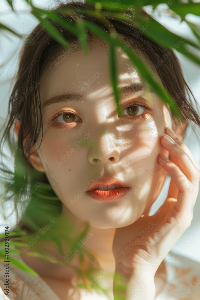 Korean model woman applies concealer with fingers in beauty studio promo. Close-up view of her face with dark hair falling over shoulders. Green plant blurred in background adds natural contrast. Korean model woman applies concealer with fingers in beauty studio promo. Close-up view of her face with dark hair falling over shoulders. Green plant blurred in background adds natural contrast.