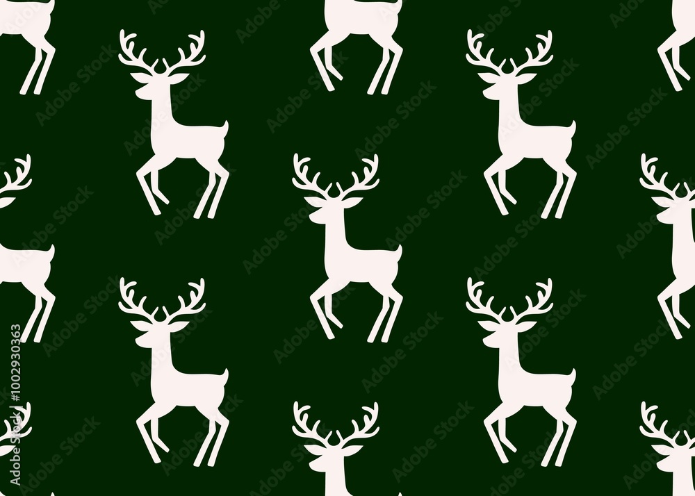 Set of deer. Seamless pattern with deer. New Year's pattern with white deer on a green background. Christmas mood.