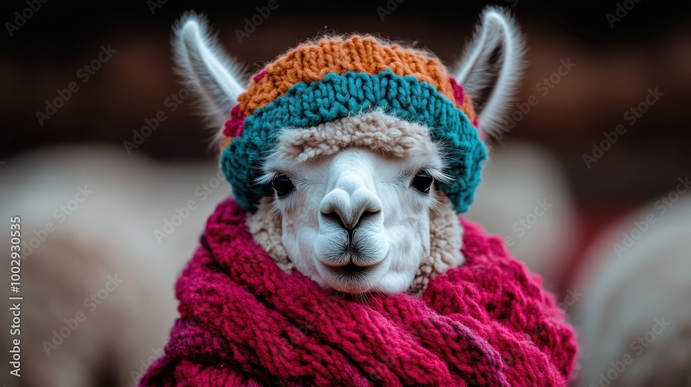 A playful alpaca is snugly wrapped in textured knitwear. Its cheerful demeanor is enhanced by the intricate knitted details and a contrasting blurred backdrop. A playful alpaca is snugly wrapped in textured knitwear. Its cheerful demeanor is enhanced by the intricate knitted details and a contrasting blurred backdrop.