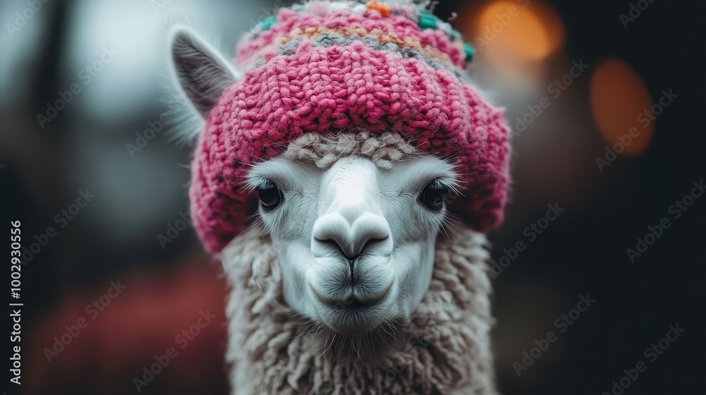 This alpaca, adorned with a vibrant knit hat, exudes calmness against a serene backdrop. The focus on its gentle expression invites affection and tranquility. This alpaca, adorned with a vibrant knit hat, exudes calmness against a serene backdrop. The focus on its gentle expression invites affection and tranquility.