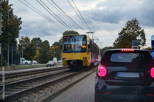 Yellow tram in the city, metro.
