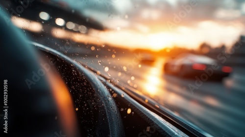 Blurry racing cars speed on a wet track, captured from a dynamic angle with raindrops and a vibrant sunset creating a thrilling and adrenaline-filled scene.