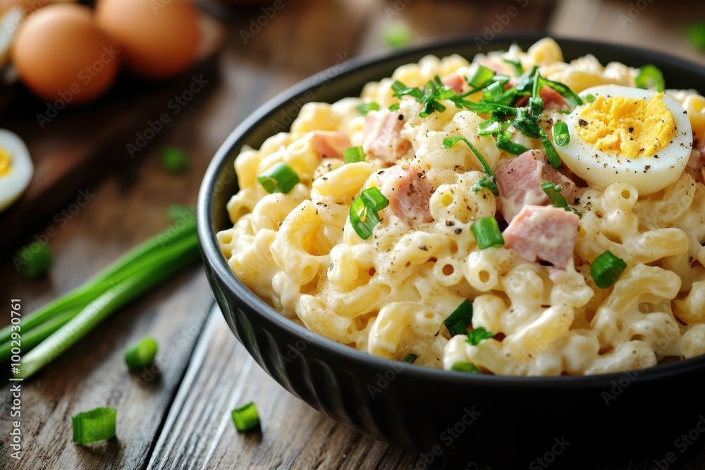 tasty and rich macaroni salad with ham, hard-boiled eggs, and green onions a satisfying dish for any occasion tasty and rich macaroni salad with ham, hard-boiled eggs, and green onions a satisfying dish for any occasion