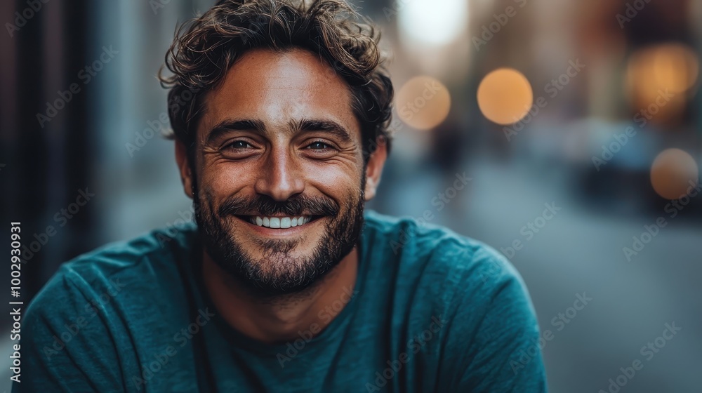 Standing against a serene street backdrop with subtle bokeh, a man with curly hair and a calm smile calmly engages the viewer, exuding warmth and contentment. Standing against a serene street backdrop with subtle bokeh, a man with curly hair and a calm smile calmly engages the viewer, exuding warmth and contentment.