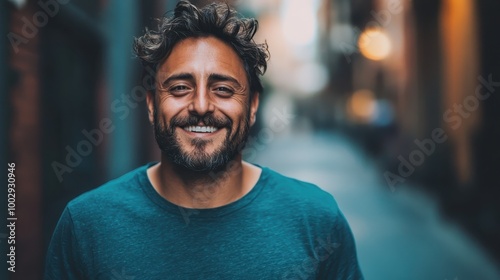 A bearded man, dressed in a simple teal shirt, smiles warmly as he poses on an urban street. The background is softly blurred, accentuating his joyous expression.