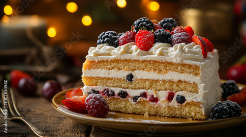 Wallpaper Mural Tarta de Tres Leches cake slice topped with fresh berries and cream on a rustic plate, festive ambiance Torontodigital.ca