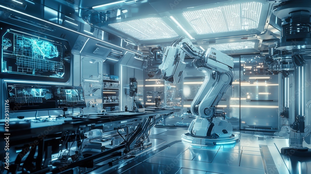 Cutting Edge Robotic Arm in Futuristic Industrial Laboratory Cutting Edge Robotic Arm in Futuristic Industrial Laboratory
