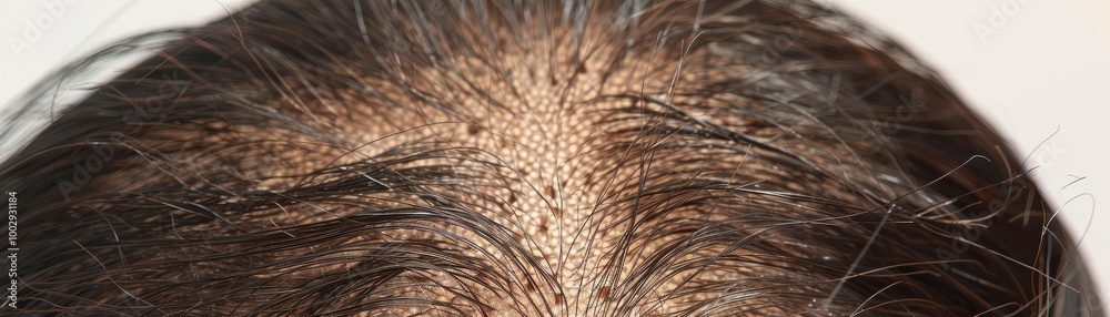 Fototapeta premium A detailed view of a magnified scalp showing thinning hair with visible hair follicles, focusing on the texture and biology of hair loss, medical realism