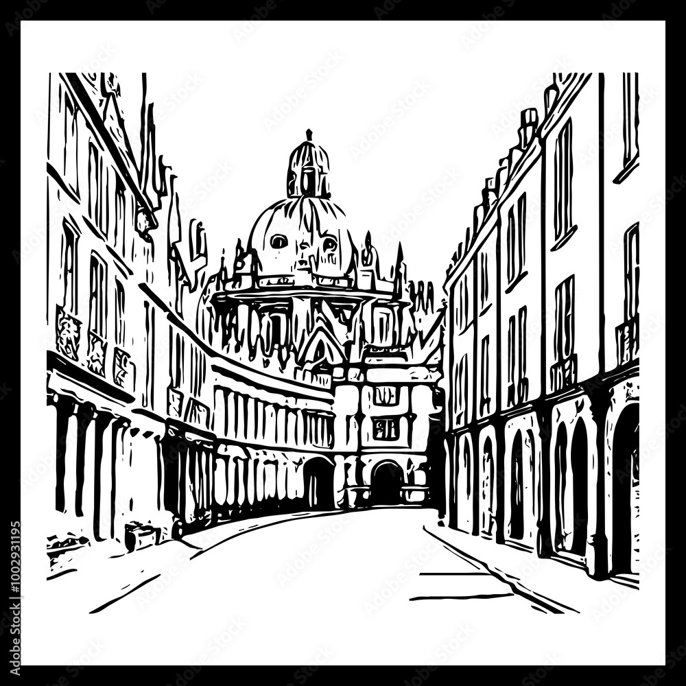Fototapeta premium Black and white illustration. Architecture Line Art.