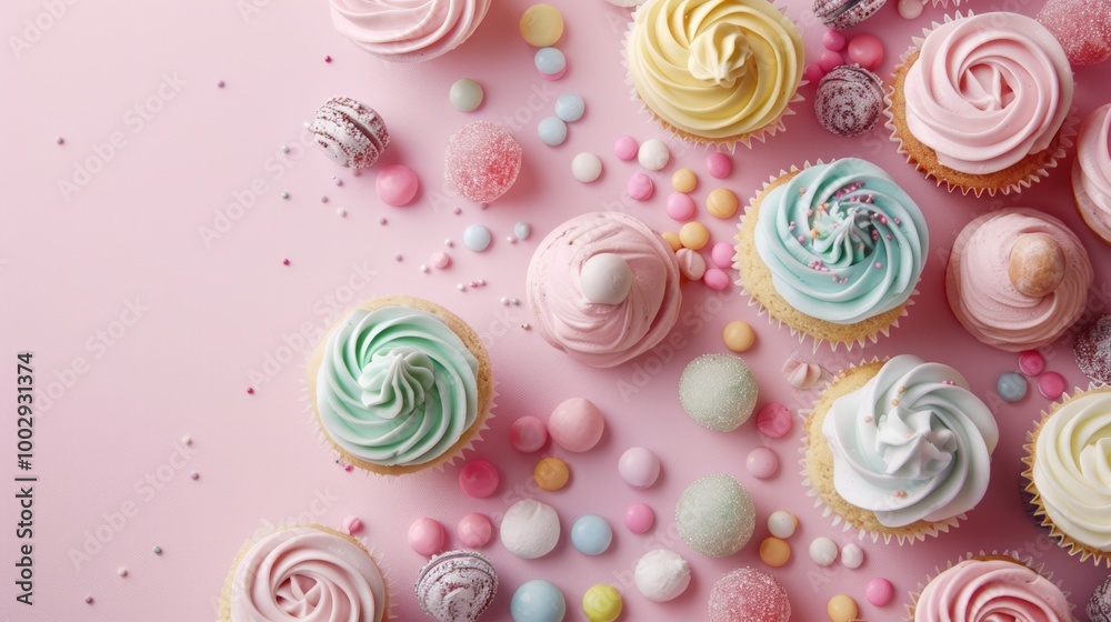 Sweet bakery theme with cupcakes, candies, and pastel tones, playful details with ample copy space for versatile designs Sweet bakery theme with cupcakes, candies, and pastel tones, playful details with ample copy space for versatile designs