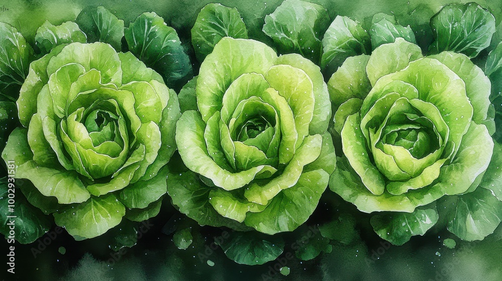 Three lush green cabbages in a row with vibrant leaves, against a garden backdrop. Three lush green cabbages in a row with vibrant leaves, against a garden backdrop.