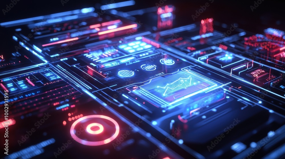 Obraz premium Futuristic Sci Fi Digital Interface with Holographic Data Dashboard