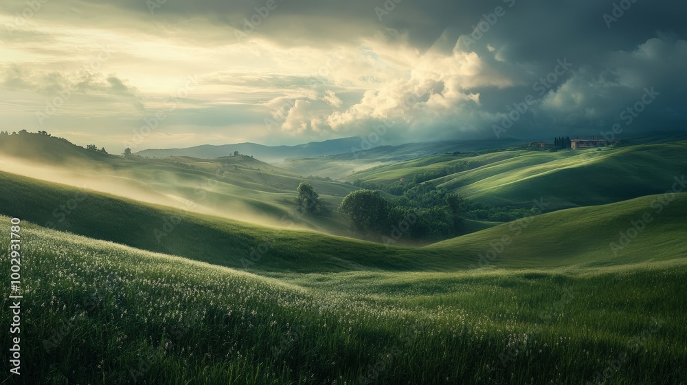 Obraz premium Rolling hills stretch into the distance, bathed in warm sunlight, while dark clouds gather overhead, creating a captivating contrast in the countryside