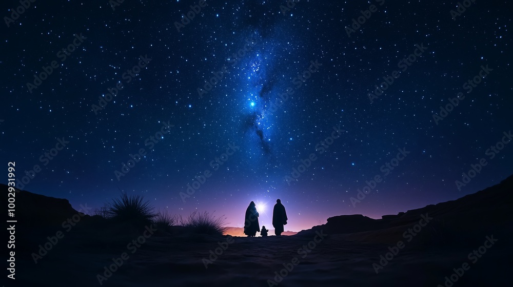 Fototapeta premium The Wise Men, accompanied by a guiding star, approach the birthplace of the baby Jesus at night