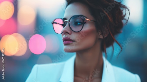 A stylish woman in a white jacket and glasses gazes contemplatively at the glowing city lights in the distance, exuding modernity and grace in an intriguing street scene.