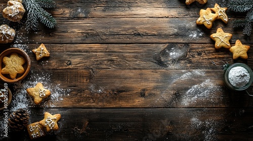 dark raw wood table top view with few minimal christmas cookies 6.1