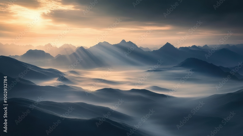 Fototapeta premium Majestic mountains create a stunning backdrop as soft rays of sunlight illuminate the misty valleys below at dawn, evoking tranquility and wonder