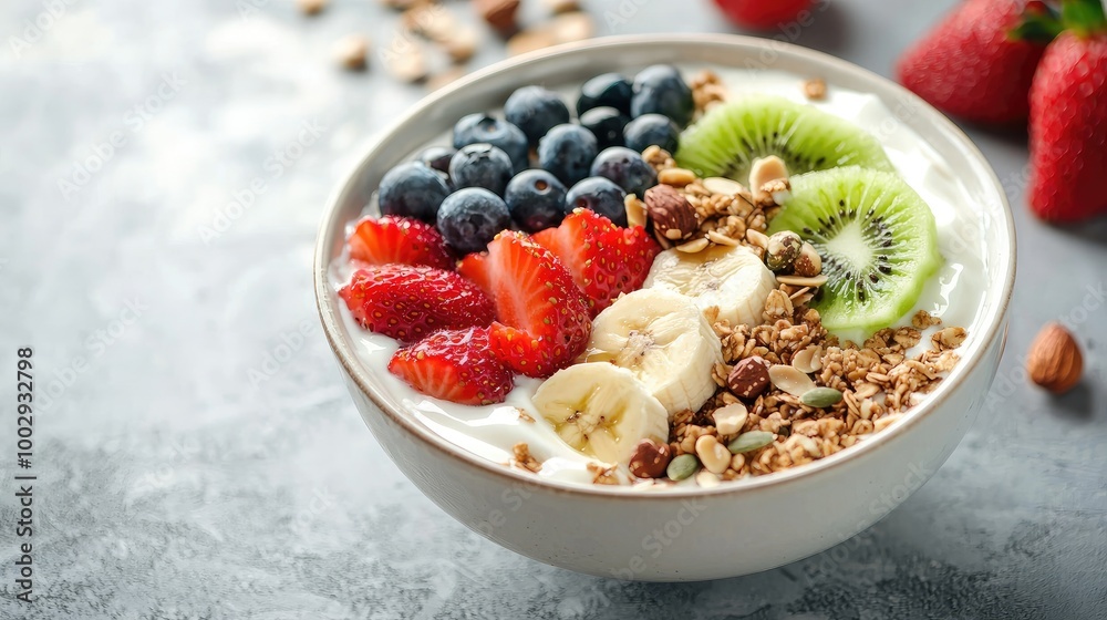 Dessert bowl with white yoghurt, granola, blueberry, strawberry, kiwi, hazel nuts, banana, pumpkin seeds, healthy breakfast Dessert bowl with white yoghurt, granola, blueberry, strawberry, kiwi, hazel nuts, banana, pumpkin seeds, healthy breakfast
