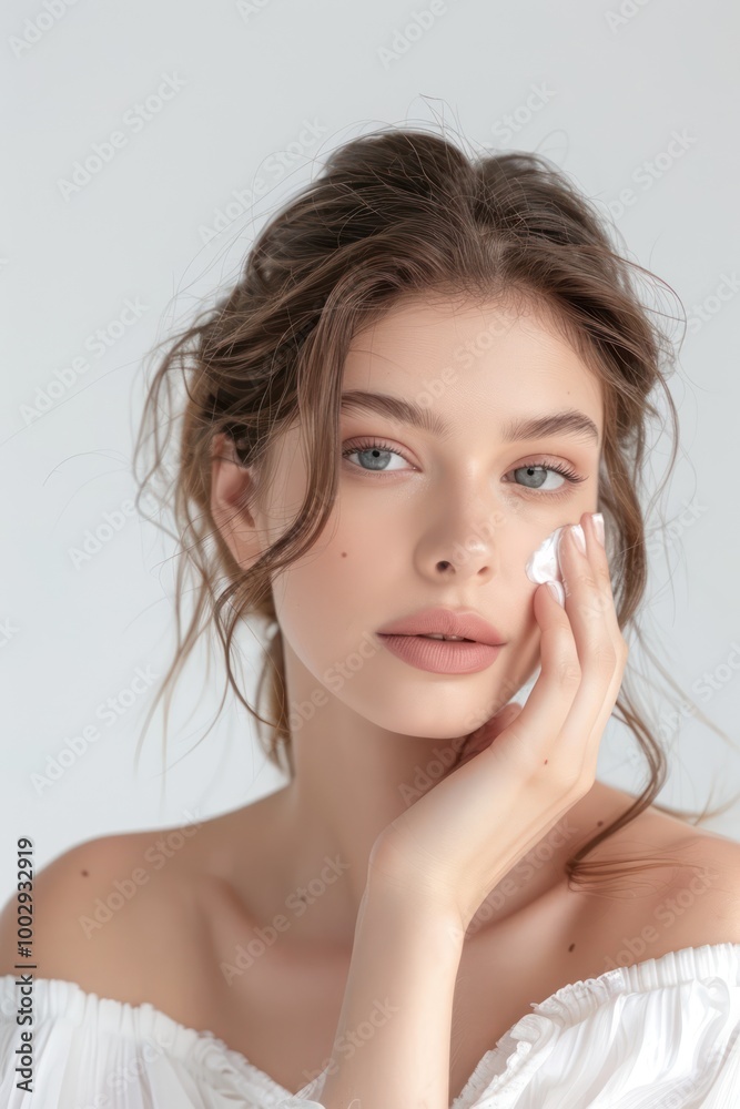 Woman applies facial cream in beauty studio. Focus on face, facial care, skincare routine, beauty treatment, wellness center, relaxation, self-care, creams, moisturizers, skin health. Woman applies facial cream in beauty studio. Focus on face, facial care, skincare routine, beauty treatment, wellness center, relaxation, self-care, creams, moisturizers, skin health.