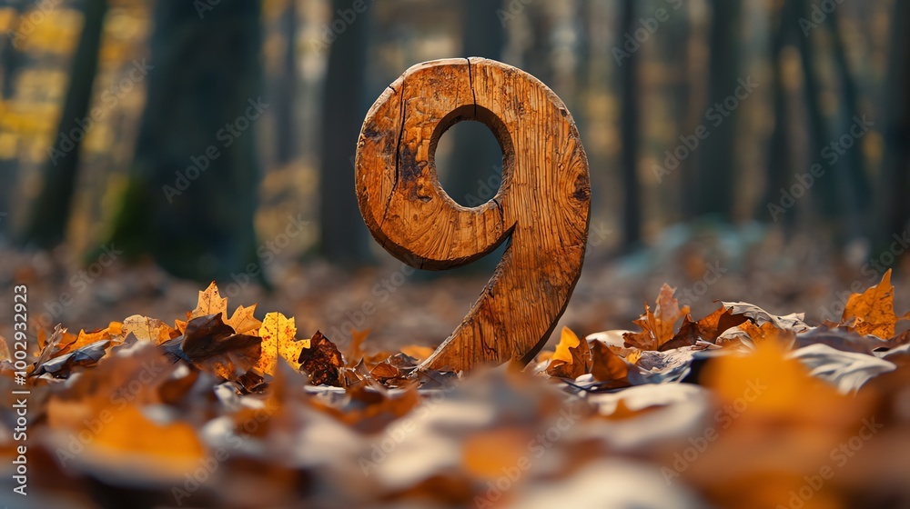 Number 9 designed from rustic wood surrounded by autumn leaves in a forest Number 9 designed from rustic wood surrounded by autumn leaves in a forest