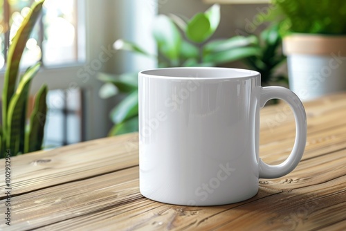 Wallpaper Mural White blank coffee mug on the top of wooden table with blurred interior background. Blank coffee cup mug mockup template. MZ  Torontodigital.ca