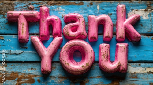 A visually appealing image featuring the words 'Thank You' in bold, pink, balloon-like letters set against a rustic, weathered blue wooden background creating a charming contrast