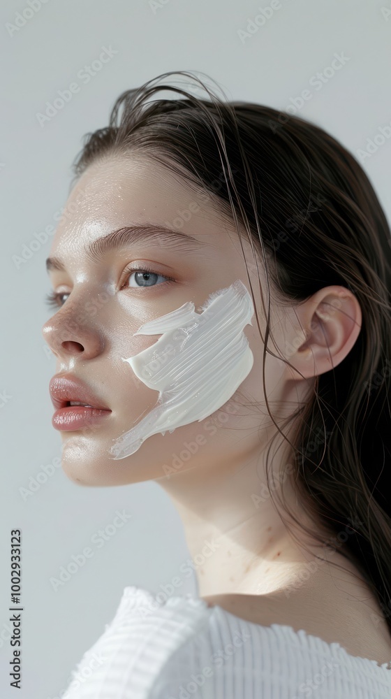 Beautiful white model woman applies cream on her face in beauty studio with light gray background. Close-up shot of her hand applying facial treatment. Perfect for beauty, wellness editorial content. Beautiful white model woman applies cream on her face in beauty studio with light gray background. Close-up shot of her hand applying facial treatment. Perfect for beauty, wellness editorial content.
