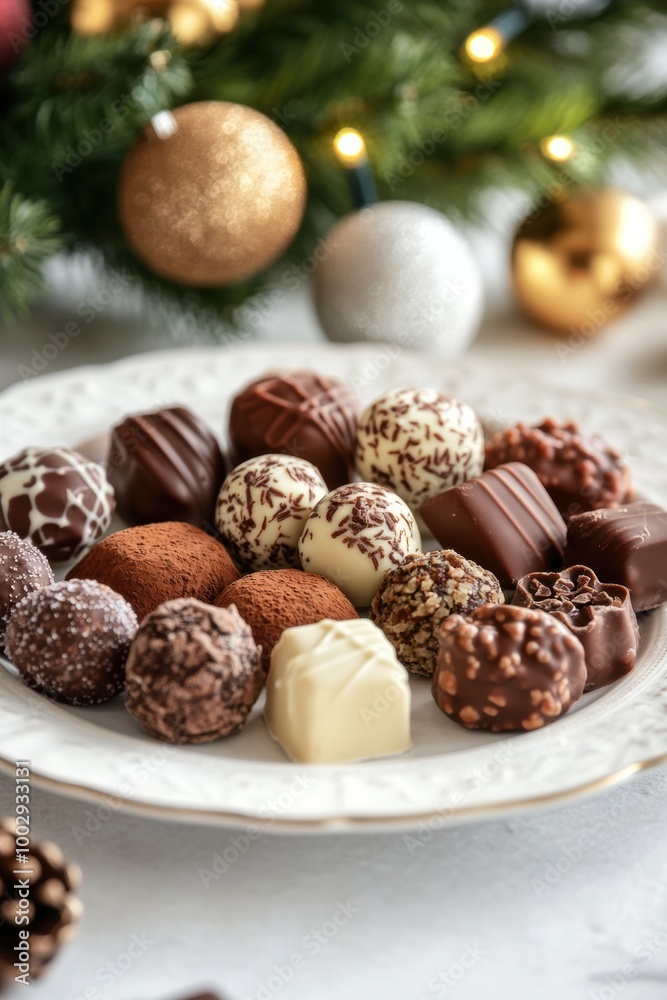 festive desserts displayed on a white plate a holiday treat for elegant christmas gatherings, featuring truffles and chocolates festive desserts displayed on a white plate a holiday treat for elegant christmas gatherings, featuring truffles and chocolates