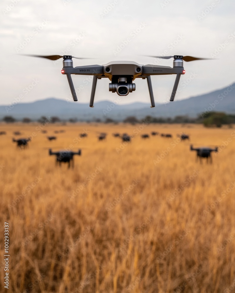 A drone hovering over a field with scattered livestock in the background. A drone hovering over a field with scattered livestock in the background.