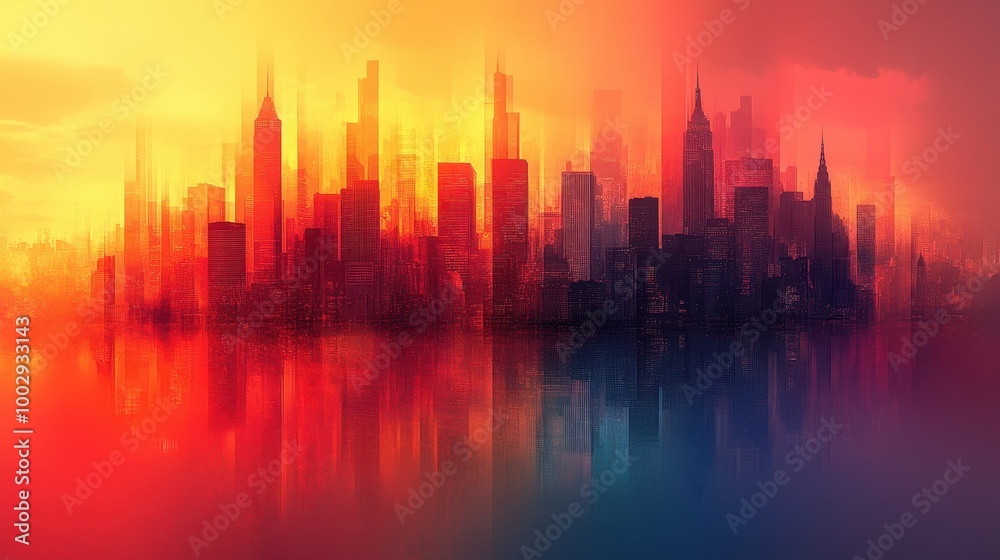 Fototapeta premium A vibrant and abstract cityscape with glowing sunset hues reflected on water.