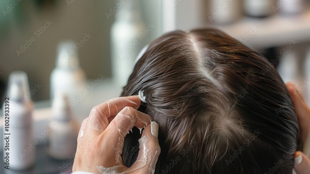 Fototapeta premium A woman at a salon receiving treatment for thinning hair, with products and tools surrounding her, capturing the effort to manage hair loss, self-care, hope
