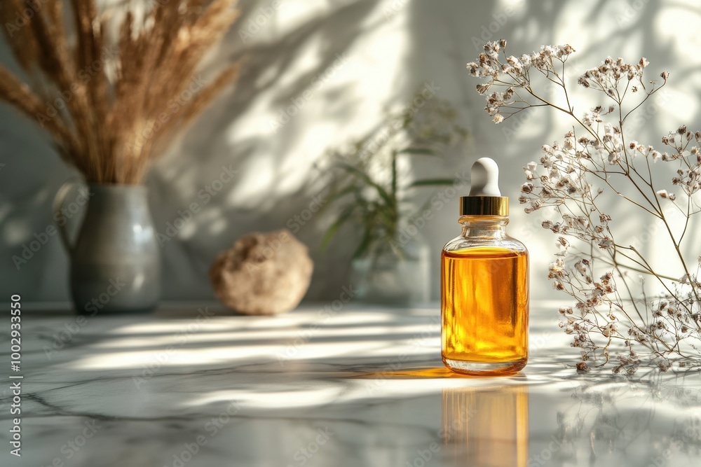 tonka bean oil bottle shines on marble table, beauty product concept banner with text space tonka bean oil bottle shines on marble table, beauty product concept banner with text space
