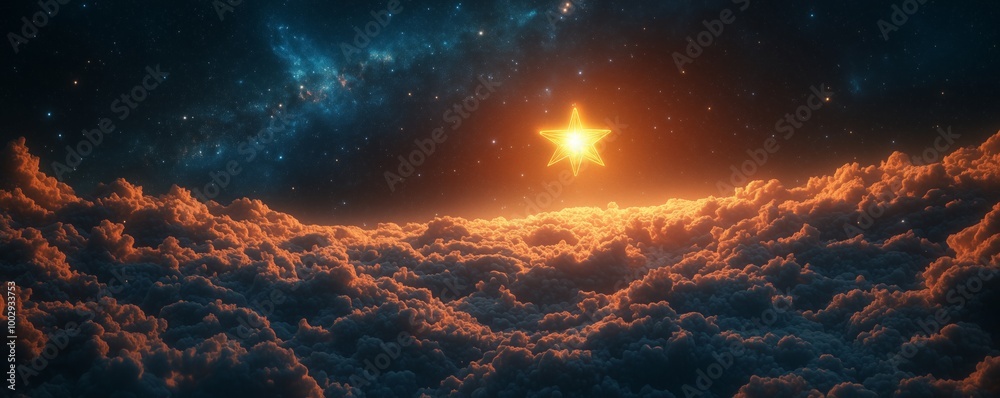 The golden star of the Epiphany radiates light over clouds during a serene evening The golden star of the Epiphany radiates light over clouds during a serene evening