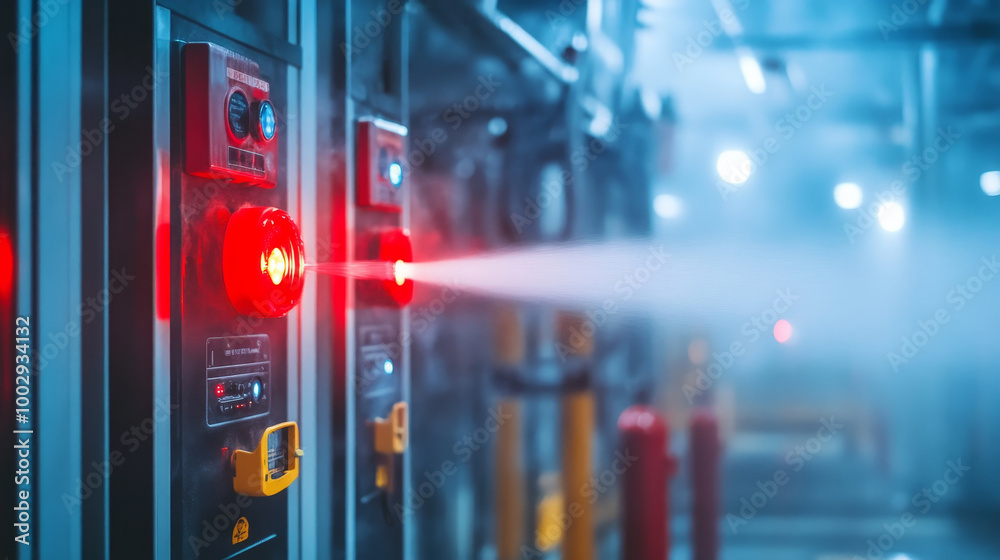 fire alarm control panel is activated, emitting bright red light in factory setting, highlighting importance of safety measures fire alarm control panel is activated, emitting bright red light in factory setting, highlighting importance of safety measures