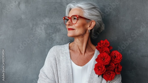 A graceful older woman with silver hair in profile, wearing red glasses and surrounded by red roses, with a textured gray background complementing the focus.