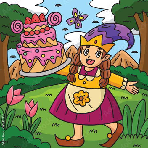 Gnome with a Birthday Cake Colored Cartoon 