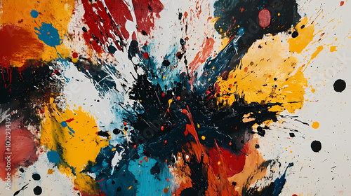 A painting showcases a multitude of paint splatters, the canvas filled with abstract expressionism and splashes of acrylic paint. Abstract Expressionism. Illustration photo