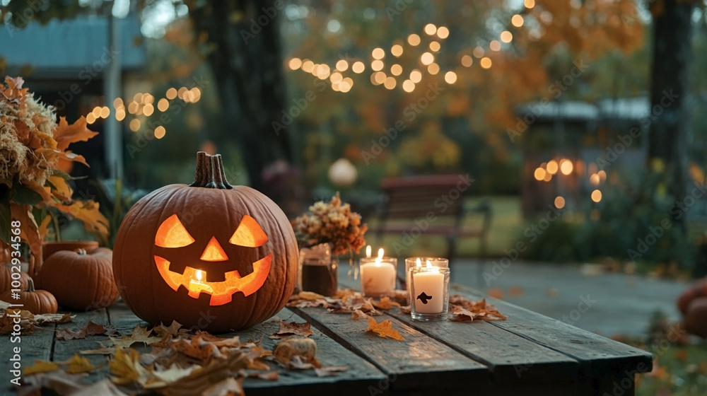 Fototapeta premium Scary pumpkin lantern on wooden table in yard. Halloween decor.