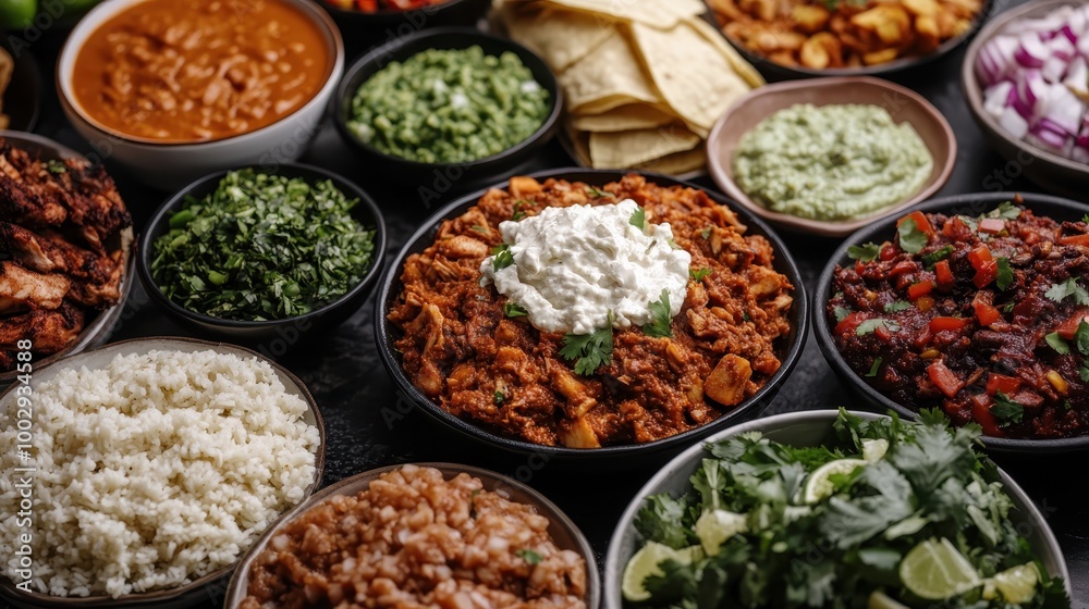 An array of Mexican dishes, including rice, beans, tacos, and fresh herbs, artfully arranged, highlighting the colors and tastes of this flavorful culinary tradition.