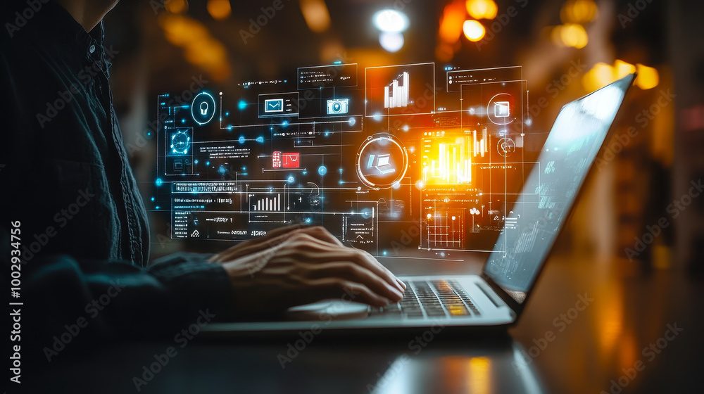 Businessman Using Laptop for Online Digital Marketing and Data Analysis to Attract Customers with Technology, Modern Marketing Strategy, and Media Tools Businessman Using Laptop for Online Digital Marketing and Data Analysis to Attract Customers with Technology, Modern Marketing Strategy, and Media Tools