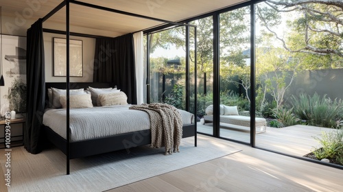 A serene and luxurious bedroom with a sleek black canopy bed