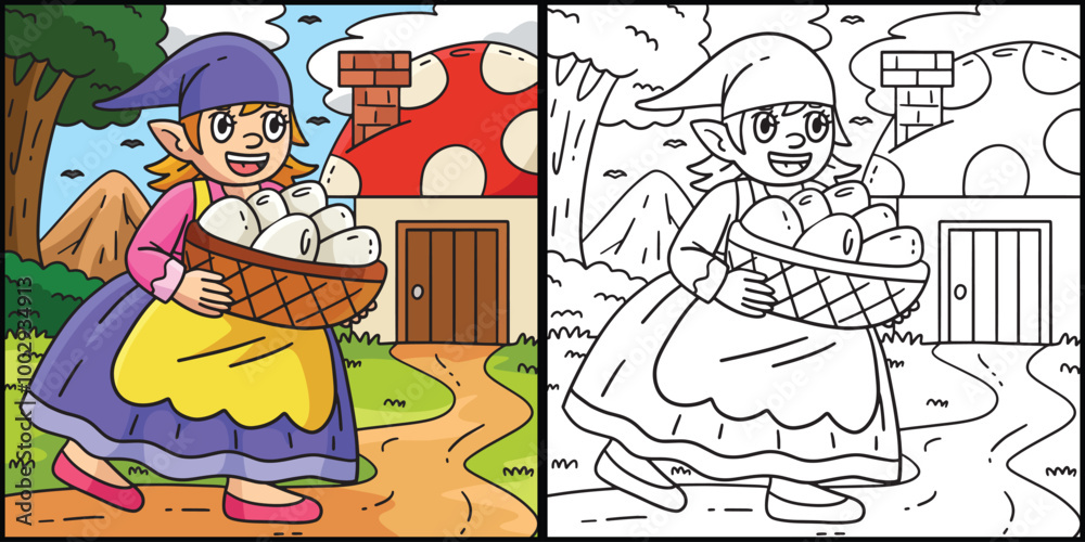 Gnome with Basket of Eggs Coloring Illustration Gnome with Basket of Eggs Coloring Illustration