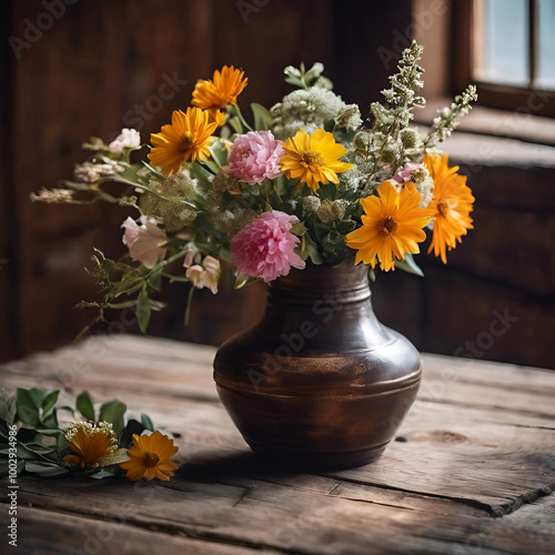 A rustic vase filled with vibrant wildflowers sits on a wooden table in a cozy, sunlit room