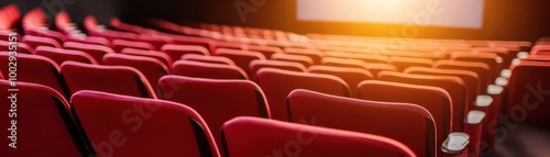 An inviting cinema scene featuring rows of red seats in a darkened theater, perfect for movie lovers and film promotions. photo