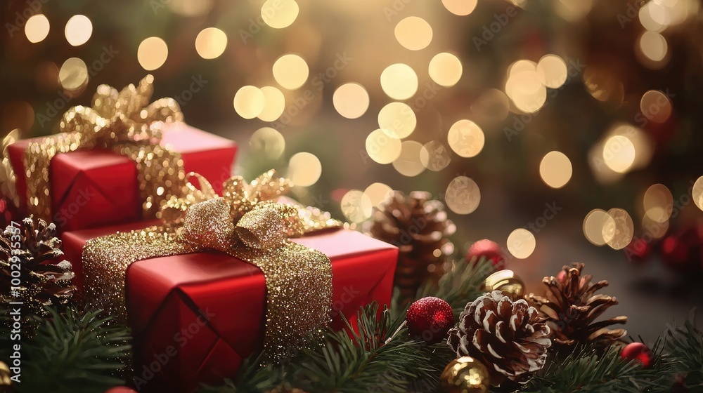 gold christmas and new year background - red gift boxes and pine cones and branches on the background of bokeh garlands, gold christmas and new year background - red gift boxes and pine cones and branches on the background of bokeh garlands,