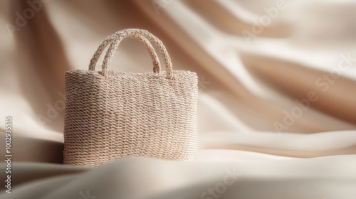 A beige crochet tote bag is placed against a backdrop of flowing fabric, creating a sense of movement and texture that highlights its artisanal appeal. photo