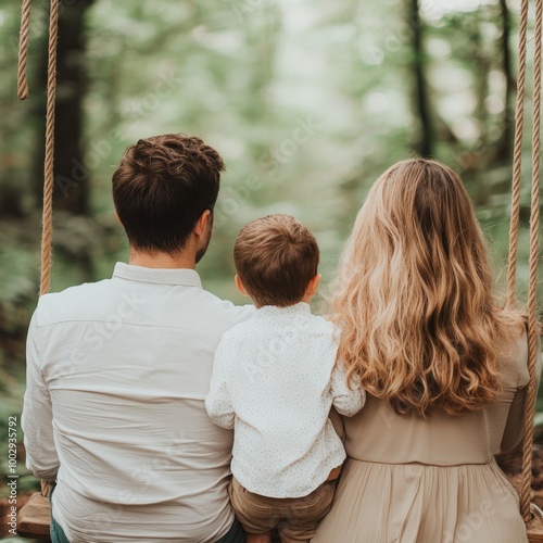 A family enjoying nature together on a swing, creating a serene and joyful moment.