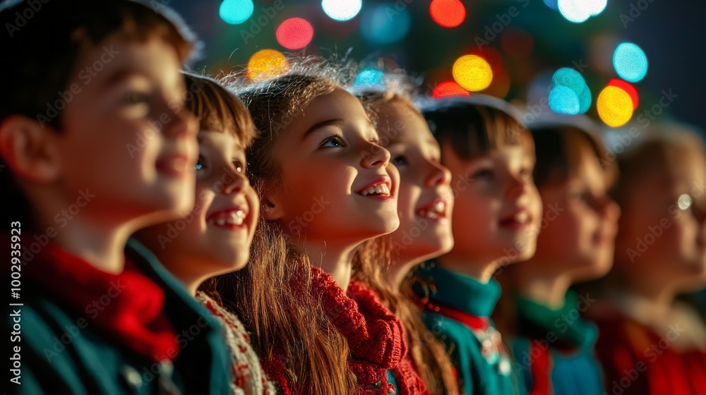 A group of children are smiling and looking up at a Christmas tree A group of children are smiling and looking up at a Christmas tree