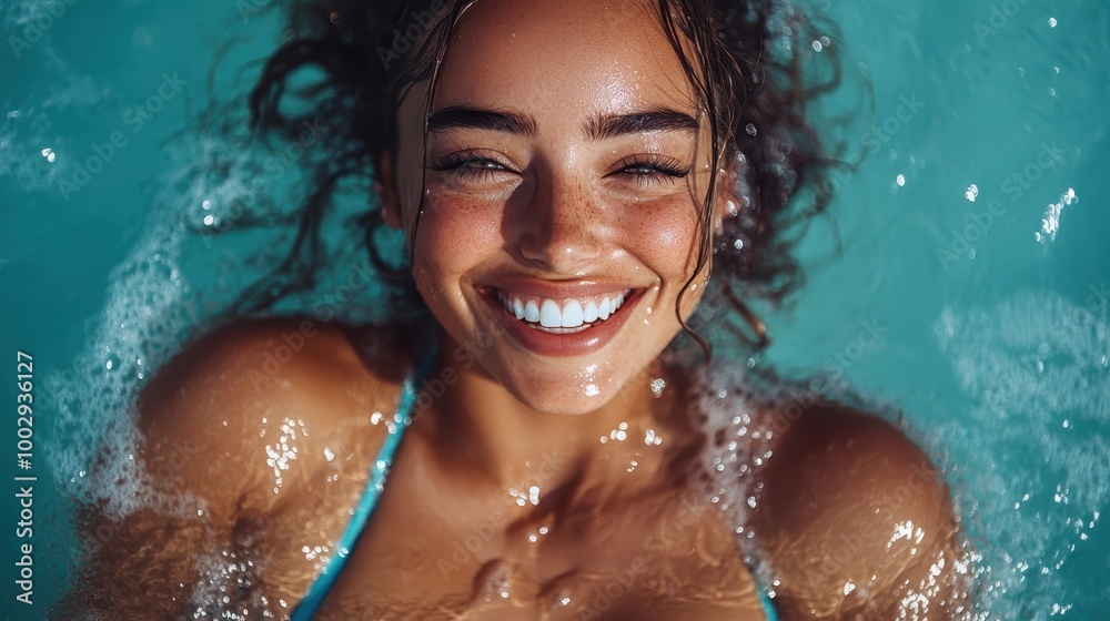 A carefree woman in a swimsuit laughs heartily, surrounded by refreshing pool water, capturing pure joy and delight on a sunny day at the pool. A carefree woman in a swimsuit laughs heartily, surrounded by refreshing pool water, capturing pure joy and delight on a sunny day at the pool.