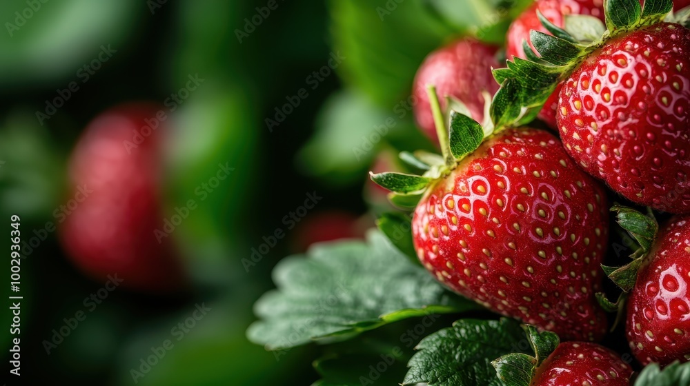 Strawberries nestled among lush green leaves, showcasing their red color. The scene captures the garden's beauty and the richness of nature's bounty in vivid detail. Strawberries nestled among lush green leaves, showcasing their red color. The scene captures the garden's beauty and the richness of nature's bounty in vivid detail.